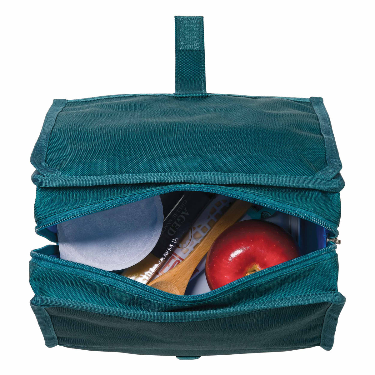 freezable-lunch-bag-b3 freezable-lunch-bag-deep-teal-top-view-packed.jpg